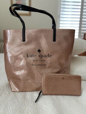 SOLD AS A SET! Kate Spade Sparkling Rose Gold Tote & Wallet with Black Handles